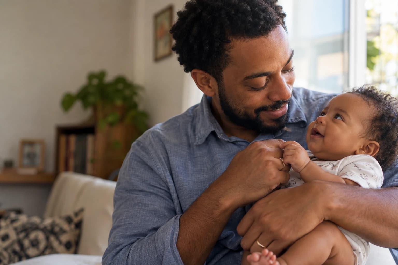 Imagem ilustrativa de um pai segurando seu bebê em casa